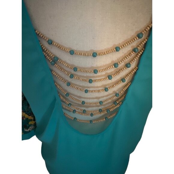 Western Top Button Up Turquoise Floral 3/4 Sleeve Open Back Beading Medium - Picture 5 of 7